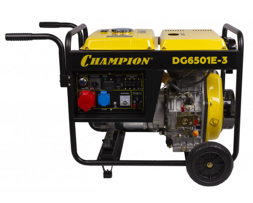 Генератор диз. CHAMPION DG6501E-3 (400В 6,2/6,8кВА 8,9лс 12,5л 12V 103кг,эл.стартер,колеса,счетчик) (DG6501E-3)