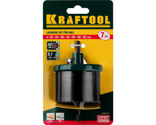 Наборная кольцевая пила по дереву, 7 шт, (25–32–38–45–50–56–62 х 42 мм) KRAFTOOL 29580-H7-42