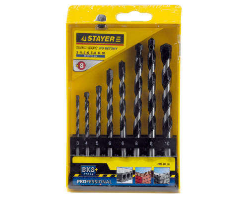 STAYER ProHammer, 8 шт: d 3-4-5-6-6-8-8-10 мм, набор сверл по бетону, Professional (2915-H8_z01)