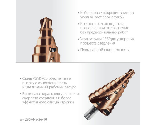 Сверло ступенчатое 9-36 мм, 10 ступеней, винтовая проточка КОБАЛЬТ ЗУБР ПРОФЕССИОНАЛ 29674-9-36-10