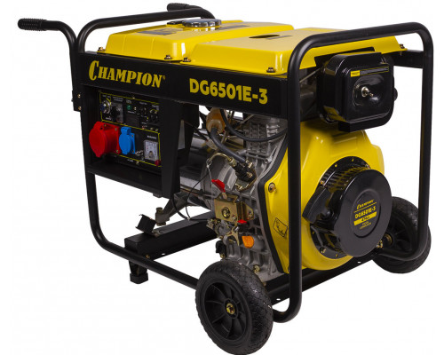 Генератор диз. CHAMPION DG6501E-3 (400В 6,2/6,8кВА 8,9лс 12,5л 12V 103кг,эл.стартер,колеса,счетчик) (DG6501E-3)