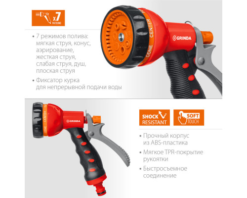 Поливочный пистолет T-7, 7 режимов, курок сзади, пластиковый с TPR GRINDA 8-427185