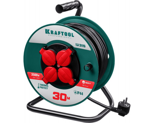Силовой удлинитель на катушке 3 x 1.5 мм? 30 м P-315 ПВС 3500 Вт IP44 KRAFTOOL 55084-30