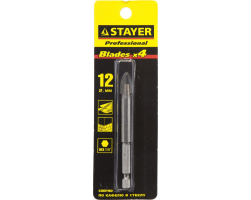 Сверло по стеклу и кафелю 12 мм, 4х кромка, HEX 1/4 STAYER 2985-12_z01