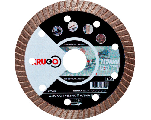 Диск алмазный Турбо ультратонкий по керамике для УШМ 115 x 1.4 x 22.23 x 10mm KRUGO (RTT45A)