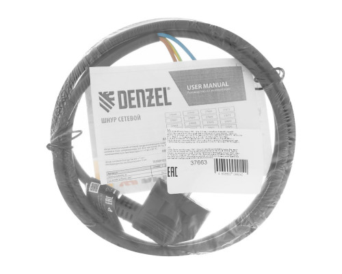 Шнур сетевой Energy Series, ПВС, 1,5 м, 3 x 1 мм, с неразборной вилкой, черный, Denzel (37663)