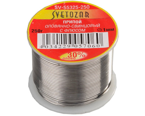 Припой ПОС 30, 1 мм, 250 г, трубка с флюсом, катушка СВЕТОЗАР SV-55325-250
