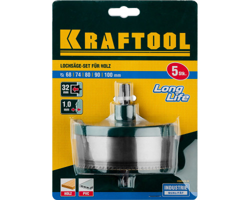 Наборная кольцевая пила по дереву, 5 шт, (68–74–80–90–100 x 32 мм) KRAFTOOL 29584-H5-32