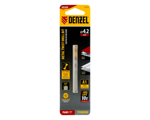Сверло спиральное по металлу 4,2 x 75 мм, Р6М5, Golden Tip Denzel (718230)