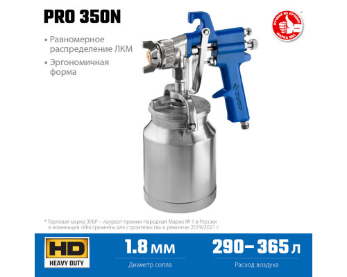 Краскопульт пневматический PRO 350N, 1.8 мм, с нижним бачком ЗУБР Профессионал 06451-1.8