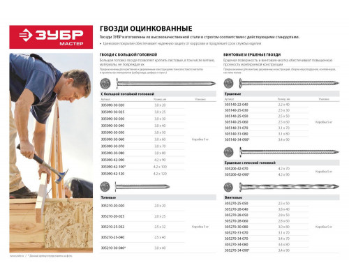 Гвозди ершеные 90 x 3.4 мм, цинк, 5 кг ЗУБР 305140-34-090