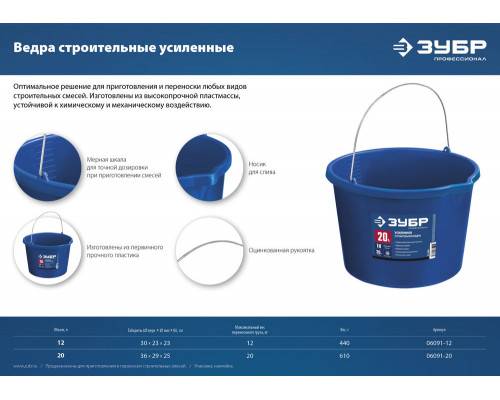 Ведро строительное усиленное 20 л, первичный высокопрочный пластик, с носиком ЗУБР Профессионал 06091-20