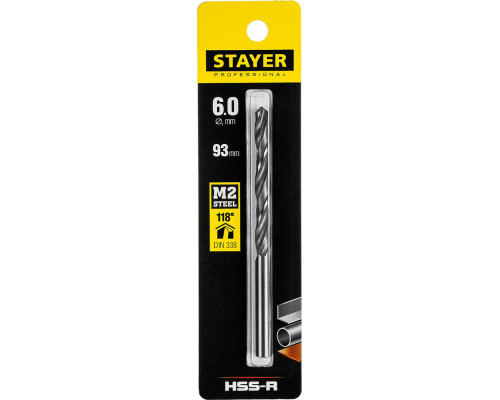 Сверло по металлу быстрорежущая сталь P6M5 Professional HSS-R STAYER 6.0x93 мм 29602-6  
