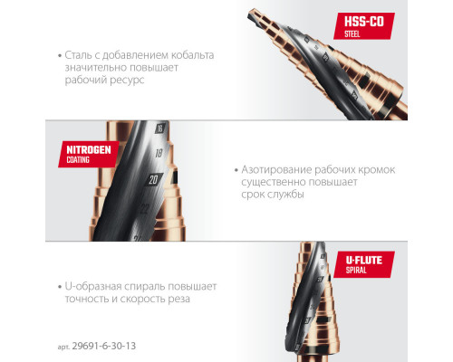 Сверло ступенчатое COBALT, 6–30 мм, 13 ступеней, азотирование, винтовая спираль KRAFTOOL 29691-6-30-13