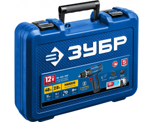 Дрель-шуруповерт 12 В 40 Н·м 2 АКБ тип Т7 2 А·ч + LED фонарь кейс Профессионал ЗУБР DL-121-22F