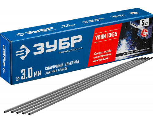 Электрод сварочный УОНИ 13/55 с основным покрытием D 3.0 x 350 мм, 5 кг в коробке ЗУБР Профессионал 40025-3.0