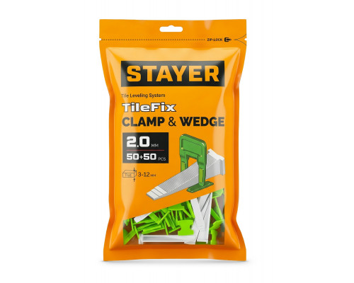 STAYER СВП TileFix, комплект: 2,0 мм, зажим + клин, 50 + 50 шт, система выравнивания плитки ?ворота? (33843-H50)
