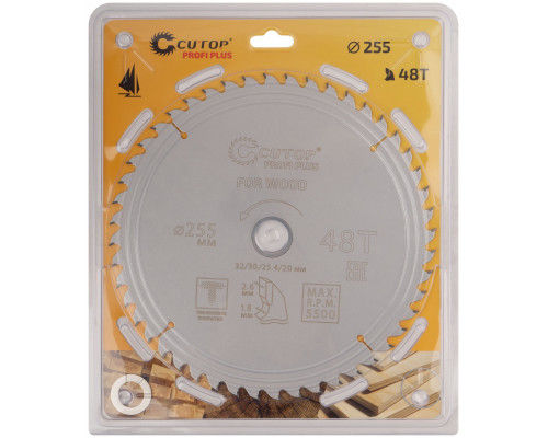 Диск пильный по дереву с тефлоновым покрытием 48Т, CUTOP Profi plus, 255 х 1,8/2,6 х 32/30/25,4/20 мм (75-25548Т)