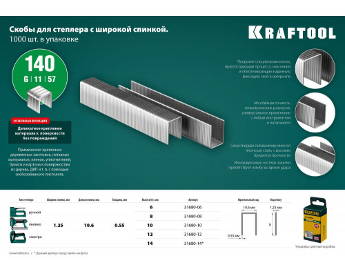 Скобы тип 140 (G/11/57), 10 мм, калибр 20GA, 1000 шт KRAFTOOL 31680-10