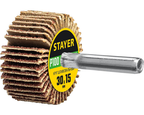 Круг шлифовальный лепестковый d 30 x 15 мм, P100, на шпильке d 6 мм STAYER 36606-100