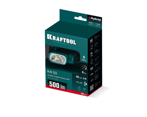 Фонарь налобный аккумуляторный 500 лм, 5 режимов, 1000мАч, 3ААА Hybrid power KH-10 KRAFTOOL 56452