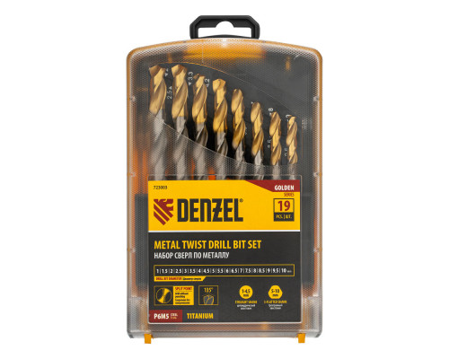 Набор сверл по металлу, 1-10 мм, Р6М5-TiN, Golden Tip, 19 шт Denzel (723003)