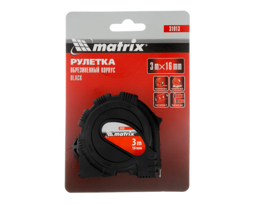 Рулетка Black,3 м х 16 мм,обрезиненный корпус Matrix