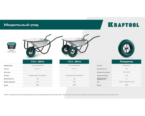 Колесо полиуретановое для тачек MAXDrive, 4.80/4.00-8 х 380 мм, подшипник - 20 мм KRAFTOOL 39869