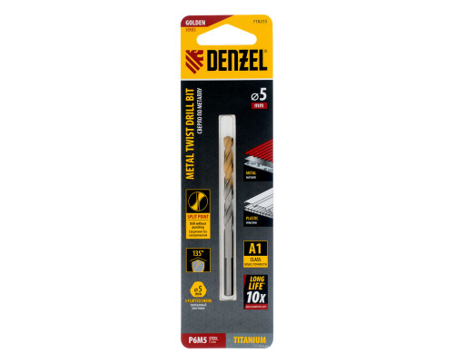 Сверло спиральное по металлу 5 x 86 мм, Р6М5, Golden Tip Denzel (718233)