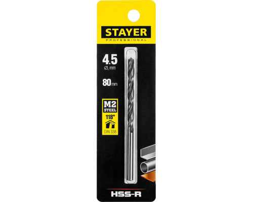 Сверло по металлу быстрорежущая сталь P6M5 Professional HSS-R STAYER 4.5x80 мм 29602-4.5  