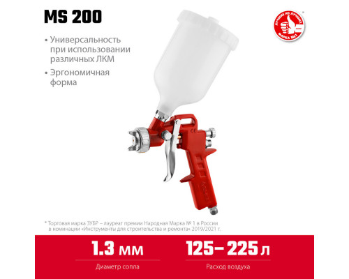Краскопульт пневматический MS 200, 1.3 мм, с верхним бачком ЗУБР 06455-1.3