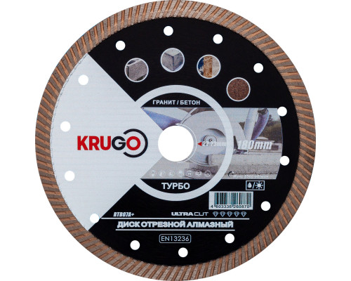 Диск алмазный турбо по граниту 180 x 2.4 x 22.23 x 10mm KRUGO (RTB07A+)