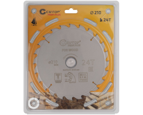 Диск пильный по дереву с тефлоновым покрытием 24Т, CUTOP Profi plus, 210 х 1,5/2,2 х 32/30/25,4/20 мм (75-21024Т)