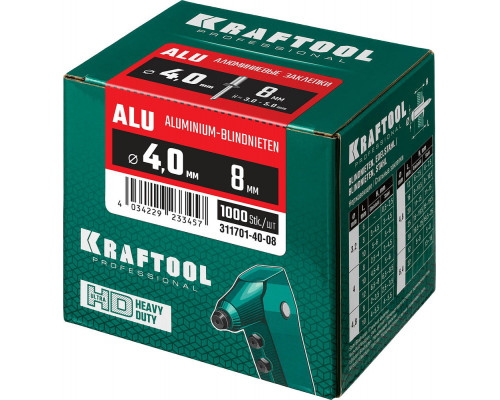 Алюминиевые заклепки Alu (Al5052), 4.0 x 8 мм, 1000 шт KRAFTOOL 311701-40-08