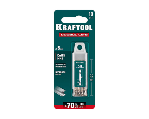Сверло двухстороннее 5?62 мм по металлу DOUBLE Сo-8 сталь M42+8%Co класс А KRAFTOOL 29654-5.0-10