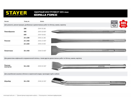 Зубило пикообразное Gorilla Force, 400 мм, SDS-max STAYER Professional 29391-00-400