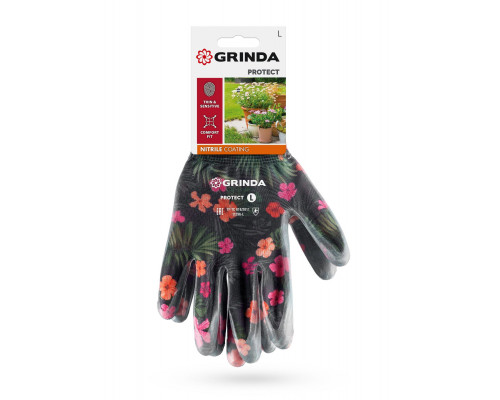 GRINDA PROTECT, L (9), садовые перчатки с прозрачным нитриловым покрытием, чёрные, 13 класс (11296-L)