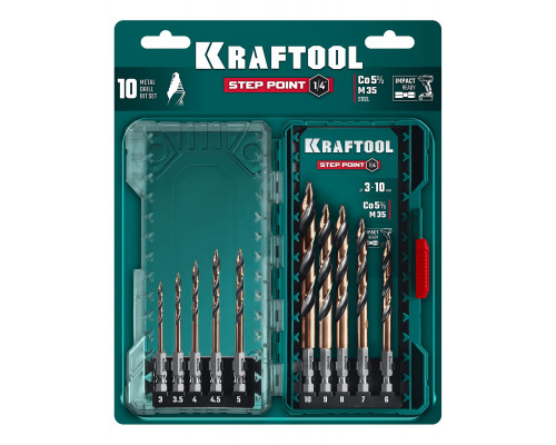 Набор сверл по металлу для винтовёртов и шуруповертов IMPACT READY STEP POINT 10 штук KRAFTOOL 29653-H10