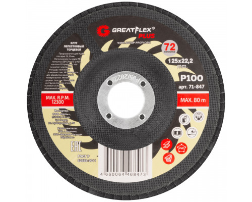 Круг лепестковый торцевой GreatFlex Plus (72 лепестка) 125 х 22,2 мм, P100 (71-847)