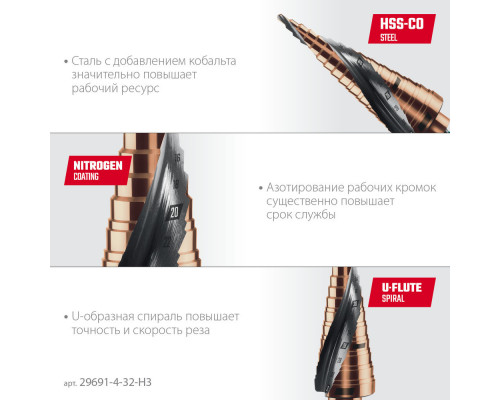 Набор сверл ступенчатых COBALT, 3 шт., 4–32 мм, азотирование, винтовая спираль KRAFTOOL 29691-4-32-H3