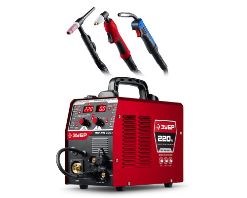 ЗУБР MIG & CUT 5-в-1, MIG / MAG, PLASMA CUT, FCAW, MMA, TIG, 220 А, полуавтомат сварочный, с газом / без газа, горелка ПСГ-220 (ПСГ-М9-220-Р)