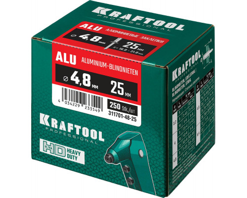 Алюминиевые заклепки Alu (Al5052), 4.8 x 25 мм, 250 шт KRAFTOOL 311701-48-25