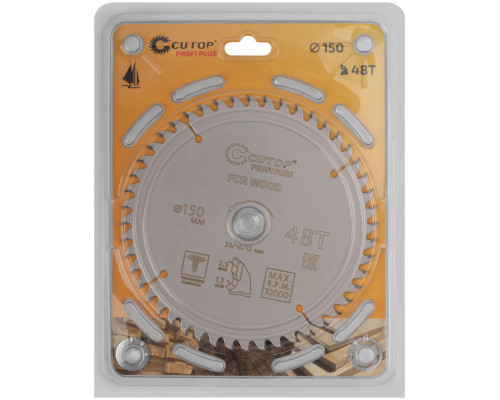 Диск пильный по дереву с тефлоновым покрытием 48Т, CUTOP Profi plus, 150 х 1,3/2,0 х 20/16/12 мм (75-15048Т)