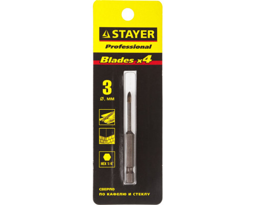 Сверло по стеклу и кафелю 3 мм, 4х кромка, HEX 1/4 STAYER 2985-03_z01