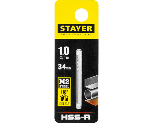Сверло по металлу быстрорежущая сталь P6M5 Professional HSS-R STAYER 1.0x34 мм 29602-1  