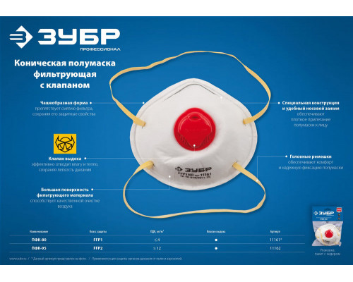 Полумаска фильтрующая коническая с клапаном выдоха класс защиты FFP2 ПФК-95 ЗУБР 11162
