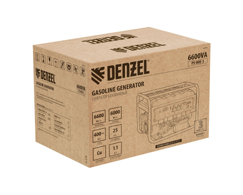 Генератор бензиновый PS 80 E-3, 6.6 кВт, 400 В, 25 л, электростартер Denzel (946954)