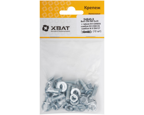 Комплект: Винт DIN965 6х20, с гайкой М6 DIN934, шайбой М 6 DIN125, шайбой М 6 DIN127 (фасовка 12шт.) (24840-3)