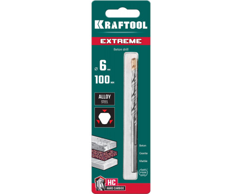 Сверло по бетону Extreme, 6 х 100 мм, трехгранный хвостовик KRAFTOOL 29166-100-06