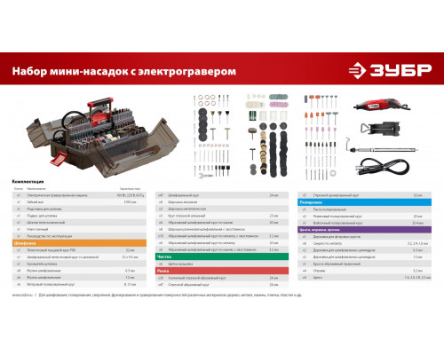 Набор мини-насадок с гравером 245 предметов, 160 Вт ЗУБР ЗГ-160-H245